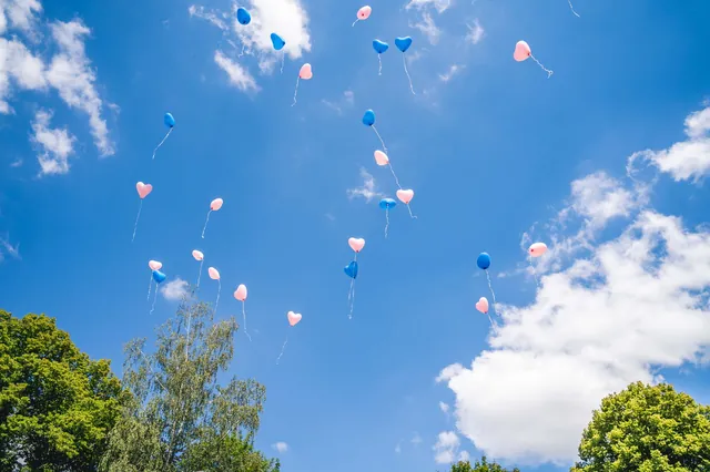 Herzförmige Luftballons steigen in den Himmel